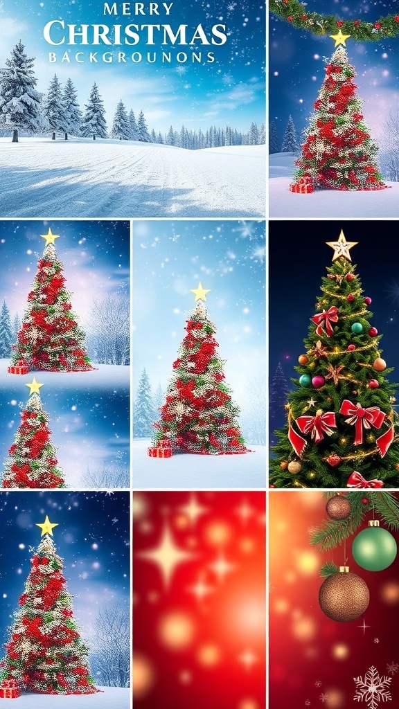 Festive Christmas Backgrounds for Your Holiday Projects A variety of Christmas backgrounds featuring snowflakes, Christmas trees, and ornaments in a 16:9 format.